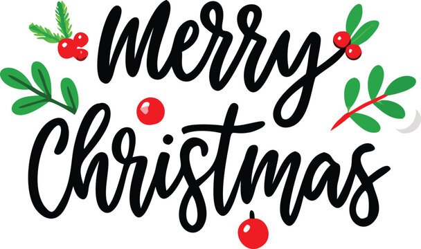 Hand Drawn Vintage Christmas postcard with lettering Merry Christmas