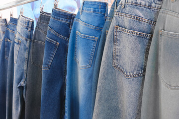 Poster - A row of jeans hanging on a clothesline. The jeans are of different colors and styles. Concept of variety and choice, as the person hanging the jeans can pick and choose which pair to wear