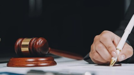 Wall Mural - Business and lawyers discussing contract papers with brass scale on desk in office. Law, legal services, advice, justice and law concept picture with film grain effect