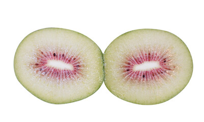 Wall Mural - Two slices of kiwi fruit with black seeds. The slices are cut in half and placed side by side isolated on white