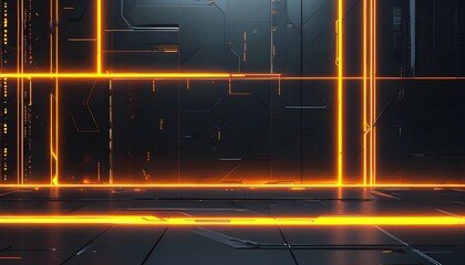 Wall Mural - Futuristic abstract technology backdrop featuring vibrant glowing orange lines interwoven with sleek black metal panels