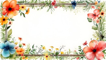 Wall Mural - Charming Watercolor Floral Frame with Vibrant Blooms and Delicate Leaves