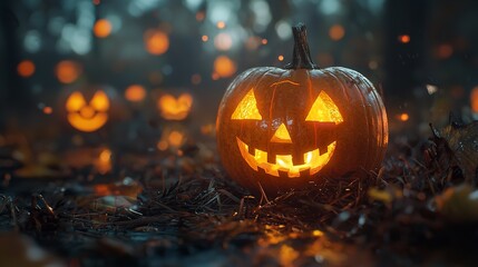 Glowing Jackolanterns in a spooky, misty night scene