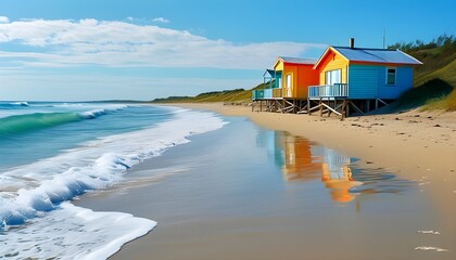 Wall Mural - Vibrant beach huts lining a sandy shore beneath a brilliant blue sky and crashing waves