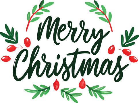 Hand Drawn Vintage Christmas postcard with lettering Merry Christmas