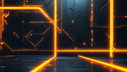 Wall Mural - Futuristic abstract technology backdrop featuring vibrant glowing orange lines interwoven with sleek black metal panels