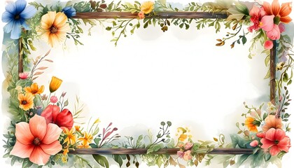 Wall Mural - Charming Watercolor Floral Frame with Vibrant Blooms and Delicate Leaves