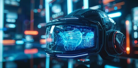 a futuristic wearable gadget, emitting glowing holographic interfaces and integrating with a virtual reality environment, exuding cutting-edge design