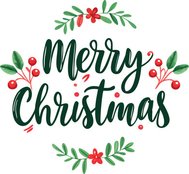 Hand Drawn Vintage Christmas postcard with lettering Merry Christmas