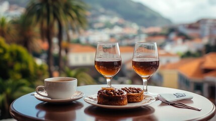 With a view of Funchal town, Madeira, Portugal, the cafe serves two glasses of Madeira wine, two cups of freshly made espresso coffee, and the traditional Portuguese honey and nut dessert