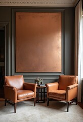 Poster - Two leather armchairs in room with wall decorated with copper paneling. Interior design of modern living room