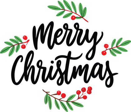 Hand Drawn Vintage Christmas postcard with lettering Merry Christmas
