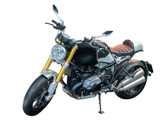 Aufkleber - A motorcycle with a black seat and a yellow headlight. The motorcycle is parked on a white background