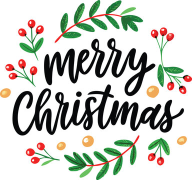 Hand Drawn Vintage Christmas postcard with lettering Merry Christmas