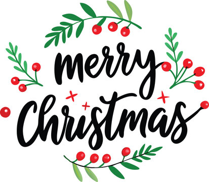 Hand Drawn Vintage Christmas postcard with lettering Merry Christmas