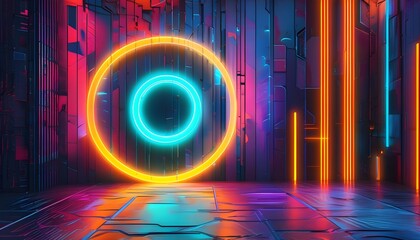 Wall Mural - Futuristic Abstract Neon Circles: A Vibrant Digital Interface for Tech and Sci-Fi Inspiration