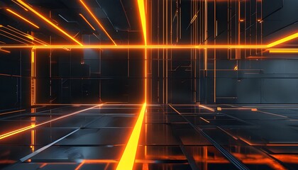 Wall Mural - Futuristic abstract technology backdrop featuring vibrant glowing orange lines interwoven with sleek black metal panels