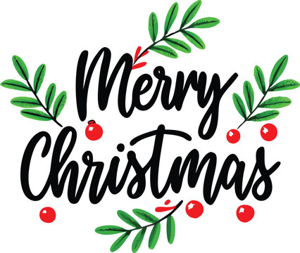 Hand Drawn Vintage Christmas postcard with lettering Merry Christmas