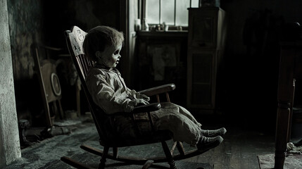 Wall Mural - creepy doll sitting in a rocking chair in a dark room