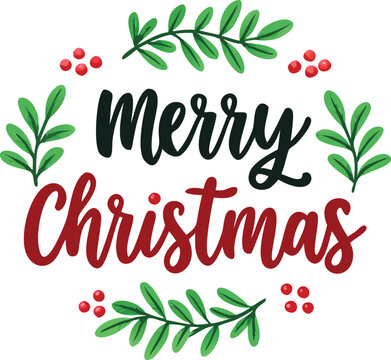 Hand Drawn Vintage Christmas postcard with lettering Merry Christmas