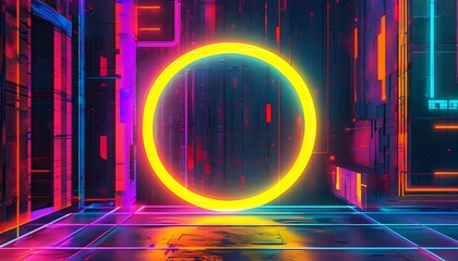 Wall Mural - Futuristic Abstract Neon Circles: A Vibrant Digital Interface for Tech and Sci-Fi Inspiration