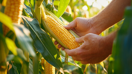 close-up of a farmer's hands carefully harvesting a ripe ear of corn from the stalk