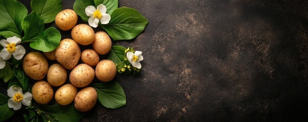 Wall Mural - Fresh potatoes and white flowers on a dark background.