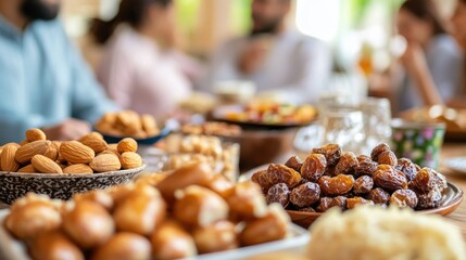 Closeup of a Table Spread with Dates and Almonds