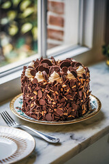 Poster - Chocolate cake on an elegant plate against the background of the window