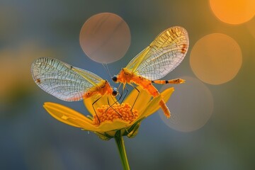 Two thread-winged insects resting on a yellow flower, showcasing delicate wings.