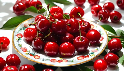 Wall Mural - Fresh and vibrant red cherries on a white plate, showcasing deliciousness and health in every sweet bite