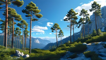 Wall Mural - Serene mountain landscape adorned with pines under a vast blue sky