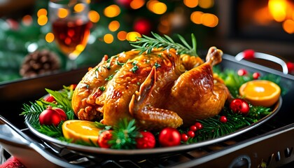 Wall Mural - Festive Christmas and New Year Feast Featuring Oven-Roasted Turkey and Fried Chicken Delights