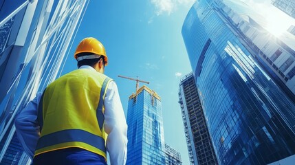 Construction Worker Looking Up at Modern Skyscrapers