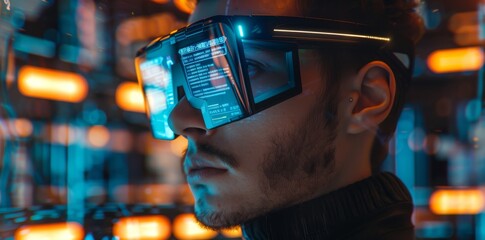 a futuristic wearable gadget, emitting glowing holographic interfaces and integrating with a virtual reality environment, exuding cutting-edge design