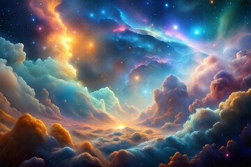 Wall Mural - dreamlike celestial landscape with colorful clouds and stars