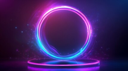 A vibrant, glowing circular portal with colorful light effects against a dark background.