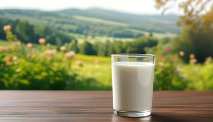 Wall Mural - White mug filled with natural cows milk on a table with a soft-focus background