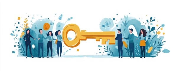 cartoon manager holding a giant key to success, surrounded by smiling team members, all illustrated 