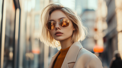 portrait of attractive blond stylish woman walking in street in autumn style fashion outfit wearing coat and sunglasses