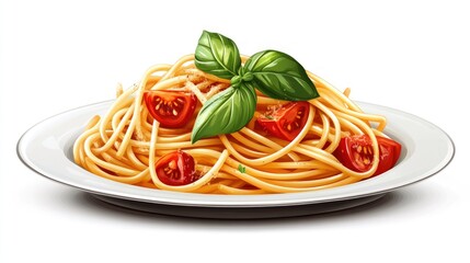 Wall Mural - A plate of spaghetti pasta with tomato sauce, cherry tomatoes, and basil leaves.