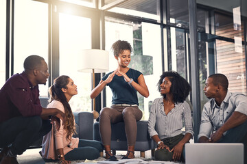 Poster - Business people, management and office floor with meeting and content creation planning and talk. Teamwork, laptop and web creative agency with SEO update strategy with diversity and startup notes