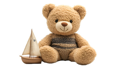 a teddy bear and a toy boat.