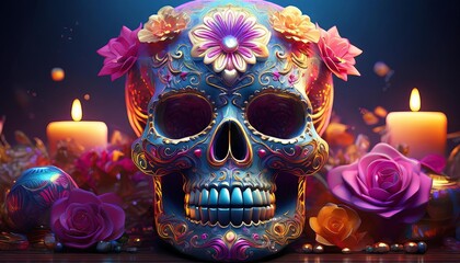 Day of the Dead skull and candles, colorful sugar skulls with floral patterns,