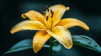 Wall Mural - A vibrant yellow lily with droplets of water glistening against a dark background during early morning hours in a lush garden