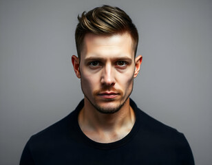 A young Caucasian man with short gray hair styled, wearing a ، black t-shirt, looking directly at the camera with a serious expression, studio shot,gray background