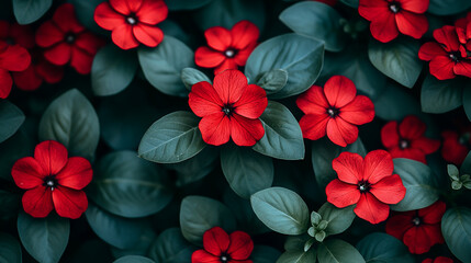 Wall Mural - Vibrant red flowers blooming among lush green leaves in a garden setting, showcasing spring's beauty and nature's colors