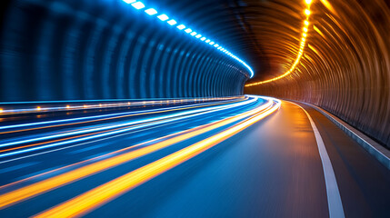 Vibrant light trails in a modern tunnel at night showcasing speed and motion with contrasting blue and orange hues