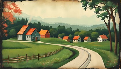 Wall Mural - Vintage-style painting of a village road on aged paper capturing rustic charm and tranquility