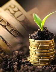 a seedling grows on a coin lying on the ground. green investment concept, increase money to invest. financial growth concept